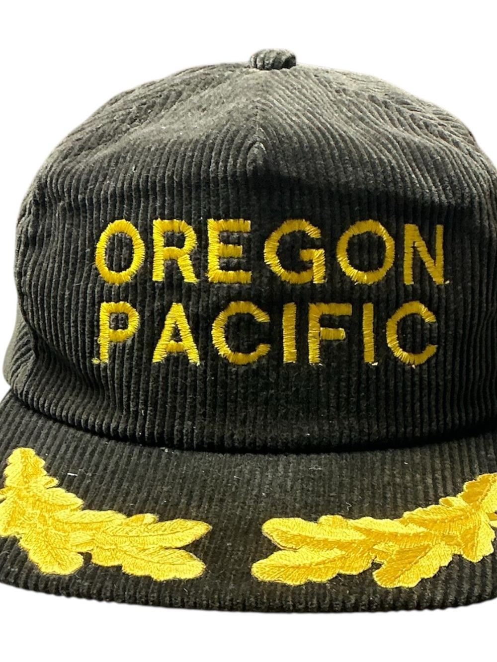 Vintage 1980s/90s Oregon Pacific brown corduroy gold leaf snapback hat USA
